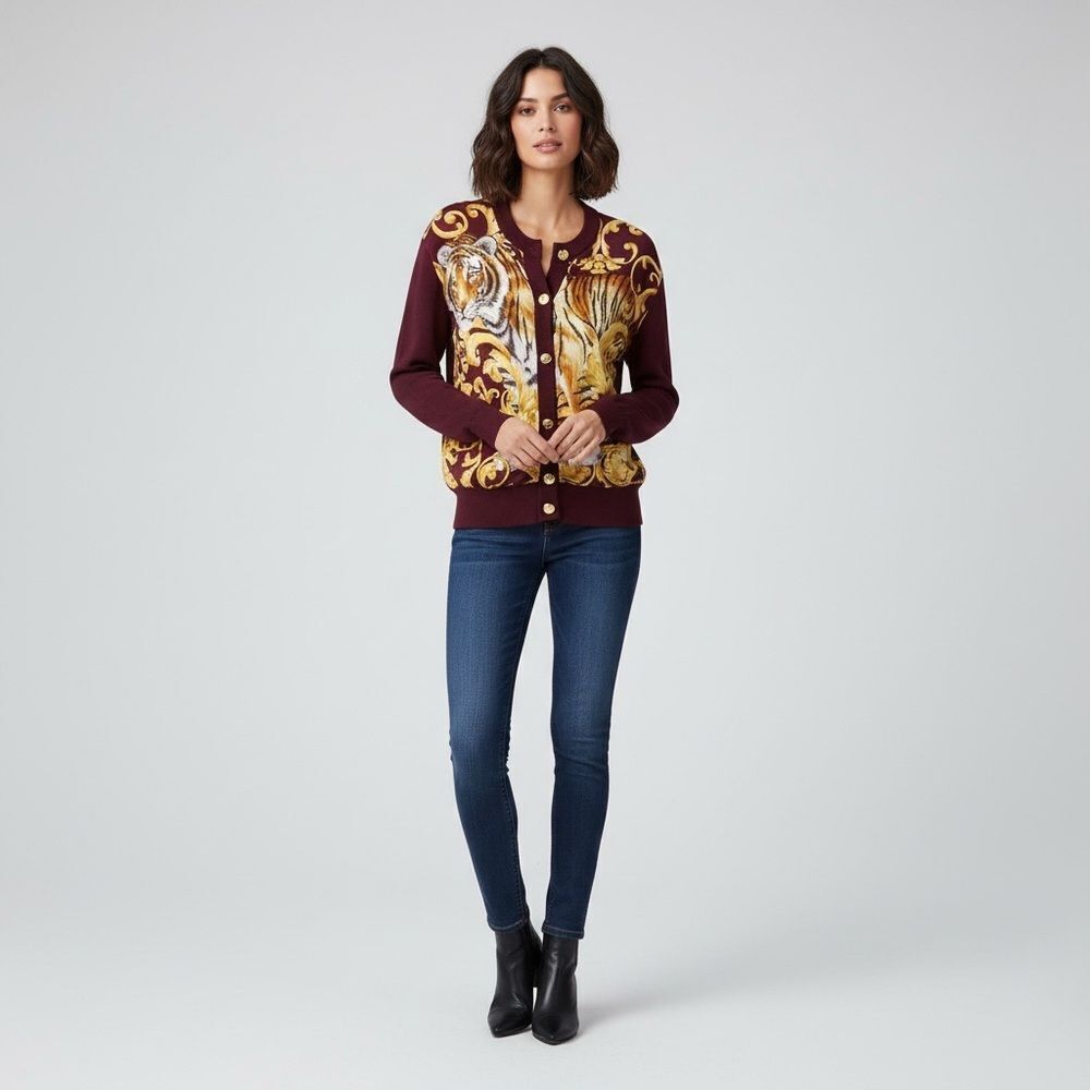 Salvatore Ferragamo Silk & Wool Tiger Print Cardigan Sweater | Italy | Size S